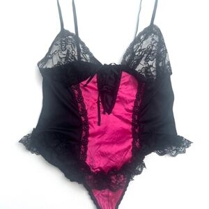 Vintage Y2K Faris Hot Pink And Black Satin And Lace Bodysuit